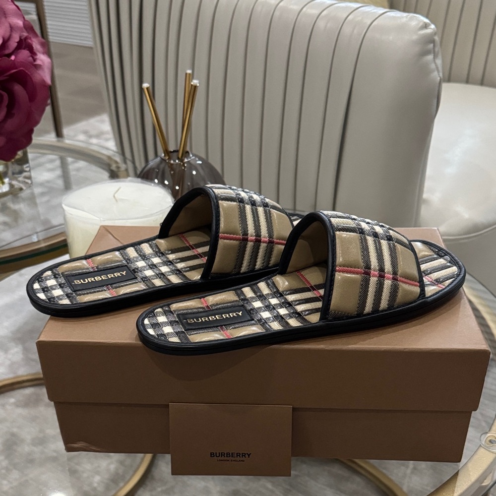 Burberry Women's Beige and Black Check Sandals